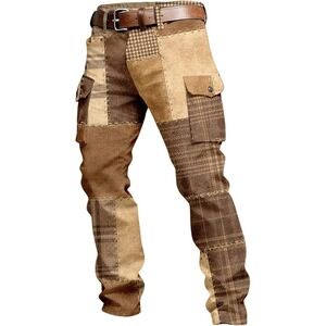 Temu Cargo Pants Men 3XL Brown Patchwork Plaid Houndstooth Streetwear Utility
